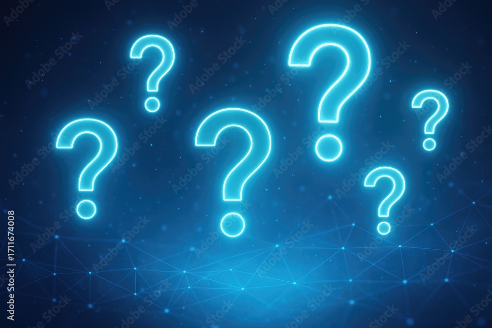 Poster cluster of glowing blue question marks against a dark digital network background group scattered