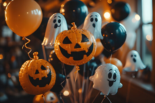ia generated. Halloween Decorations. Halloween party balloons shaped like ghosts and pumpkins, soft focus background
 - Powered by Adobe