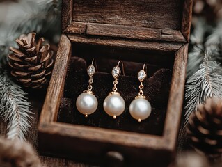 Elegant pearl earrings displayed in a vintage wooden box, surrounded by pinecones and greenery, creating a warm, festive atmosphere.