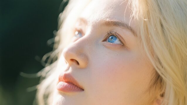 Close up of a woman with blonde hair and blue eyes gazing into the sunlight. Ideal for themes of beauty, tranquility, hope