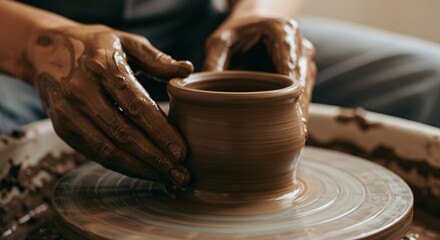 Woman working with clay on a pottery wheel. Creating ceramic tableware. Handcrafted art, craft, and sculpting concept.