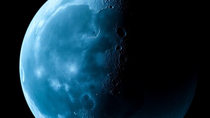 Detailed view of the moon's surface with craters, glowing blue against the darkness of space.