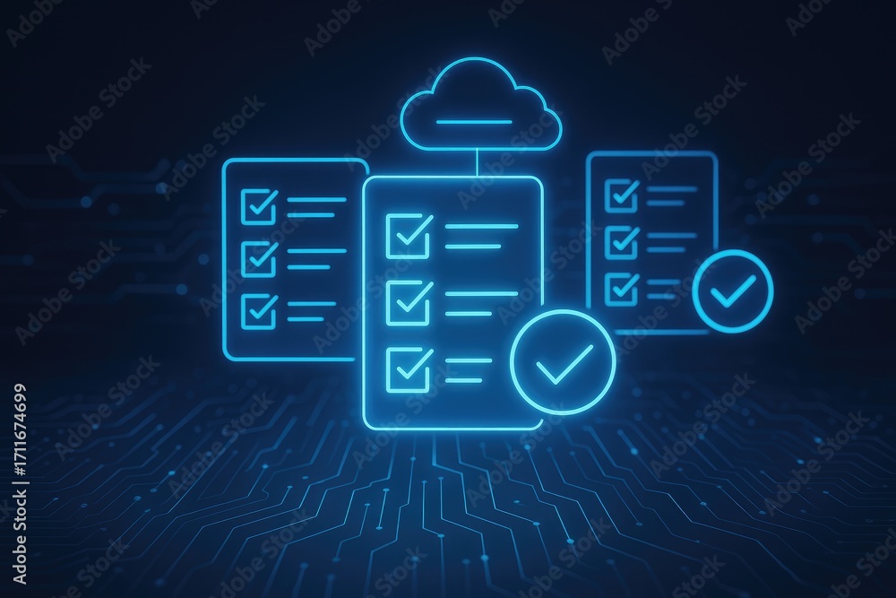 Fototapete digital checklist with checkboxes and checkmarks connected to a cloud icon to-do list task list
