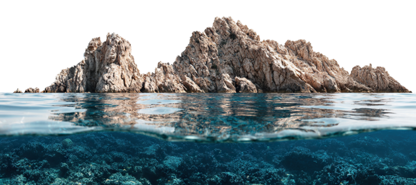 Rocky mountain island above blue water with underwater coral view, isolated on transparent cutout background
