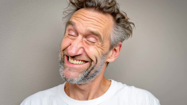 Man with tousled hair expresses a range of emotions, transitioning from a playful smirk to a cheerful grin, showcasing the evolution of a lighthearted moment in a neutral setting