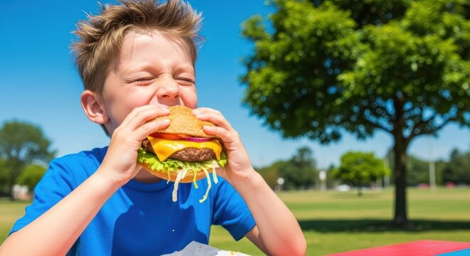 A young boy eating a cheeseburger in a park.