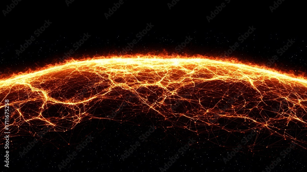 Poster an abstract image shows a fiery, glowing network resembling the surface of a star, complete with bri