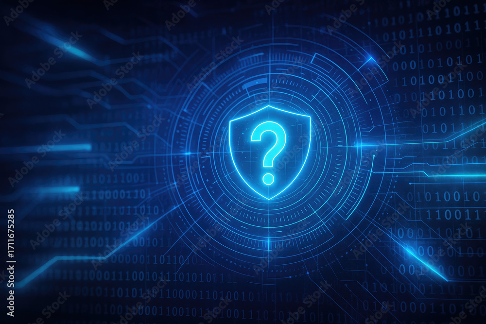 Poster digital shield with question mark and binary code background technology