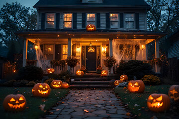 ia generated. Halloween Decorations. Wide shot of a suburban house front yard decorated with carved pumpkins, cobwebs, and glowing lanterns, dusk blue hour
