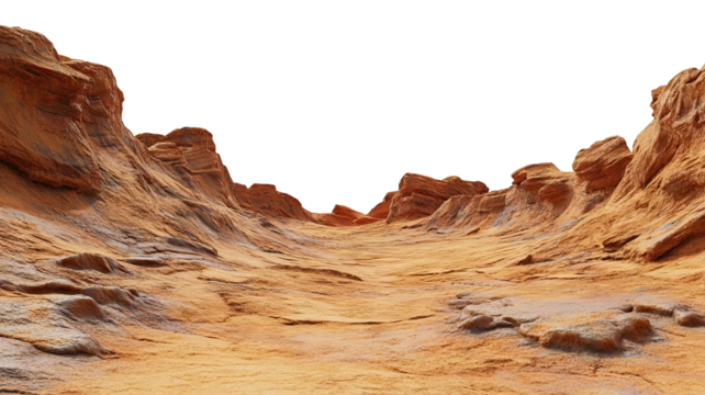 Wavy desert canyon landscape with smooth rocks, isolated on transparent cutout background