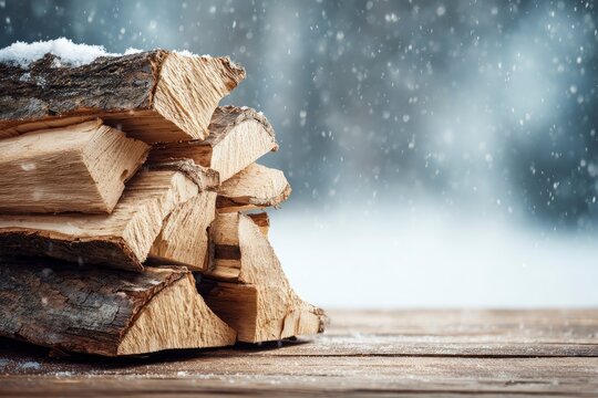 A stack of firewood sits on a wooden surface snow dusting its top and the surrounding scene Snowflakes fall against a blurred wintry background