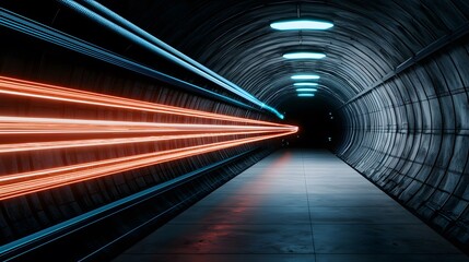 Obraz premium A sleek, futuristic tunnel is lit with multiple orange, horizontal light streams and overhead cool blue lights, creating a sense of depth and high-tech design.