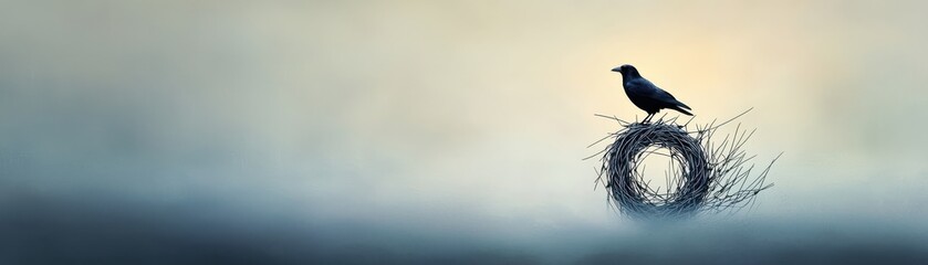 A solitary bird perched on a nest in a misty, atmospheric landscape.