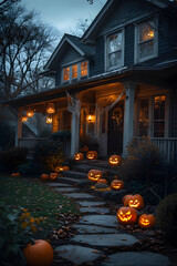 ia generated. Halloween Decorations. Wide shot of a suburban house front yard decorated with carved pumpkins, cobwebs, and glowing lanterns, dusk blue hour

