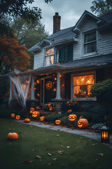 ia generated. Halloween Decorations. Wide shot of a suburban house front yard decorated with carved pumpkins, cobwebs, and glowing lanterns, dusk blue hour
