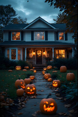 ia generated. Halloween Decorations. Wide shot of a suburban house front yard decorated with carved pumpkins, cobwebs, and glowing lanterns, dusk blue hour
