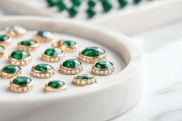 A collection of elegant green gemstone jewelry arranged on a marble surface, showcasing intricate designs and sparkling accents.