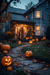 ia generated. Halloween Decorations. Wide shot of a suburban house front yard decorated with carved pumpkins, cobwebs, and glowing lanterns, dusk blue hour
