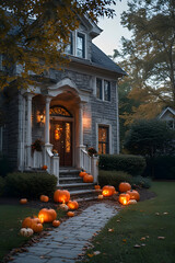 ia generated. Halloween Decorations. Wide shot of a suburban house front yard decorated with carved pumpkins, cobwebs, and glowing lanterns, dusk blue hour
