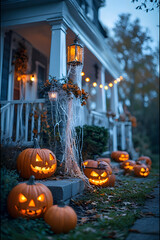 ia generated. Halloween Decorations. Wide shot of a suburban house front yard decorated with carved pumpkins, cobwebs, and glowing lanterns, dusk blue hour
