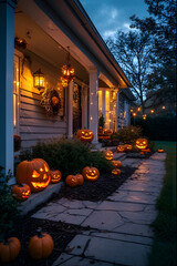 ia generated. Halloween Decorations. Wide shot of a suburban house front yard decorated with carved pumpkins, cobwebs, and glowing lanterns, dusk blue hour
