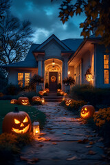 ia generated. Halloween Decorations. Wide shot of a suburban house front yard decorated with carved pumpkins, cobwebs, and glowing lanterns, dusk blue hour
