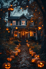 ia generated. Halloween Decorations. Wide shot of a suburban house front yard decorated with carved pumpkins, cobwebs, and glowing lanterns, dusk blue hour
