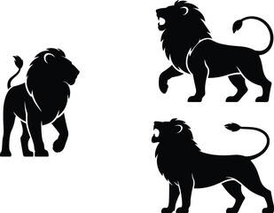Black lion silhouette vector set, powerful lion graphic design, majestic lion standing pose, bold animal icon, heraldic emblem, roaring lion illustration, wild predator art. © Shahariar's World
