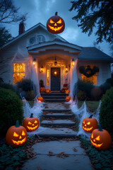 ia generated. Halloween Decorations. Wide shot of a suburban house front yard decorated with carved pumpkins, cobwebs, and glowing lanterns, dusk blue hour
