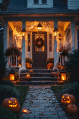ia generated. Halloween Decorations. Wide shot of a suburban house front yard decorated with carved pumpkins, cobwebs, and glowing lanterns, dusk blue hour

