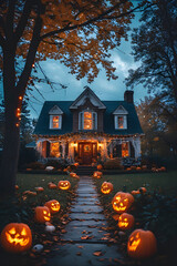 ia generated. Halloween Decorations. Wide shot of a suburban house front yard decorated with carved pumpkins, cobwebs, and glowing lanterns, dusk blue hour
