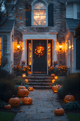 ia generated. Halloween Decorations. Wide shot of a suburban house front yard decorated with carved pumpkins, cobwebs, and glowing lanterns, dusk blue hour
