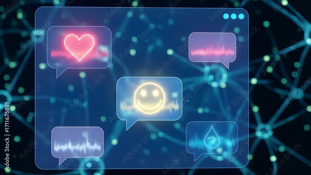 Poster a conceptual interface for emotion analysis animated video. chat bubbles with icons for happiness, l