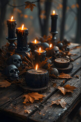 ia generated. Halloween Decorations. Rustic wooden table with burning black candles, skull ornaments, and autumn leaves, photorealistic
