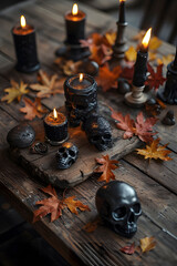 ia generated. Halloween Decorations. Rustic wooden table with burning black candles, skull ornaments, and autumn leaves, photorealistic

