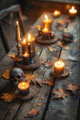 ia generated. Halloween Decorations. Rustic wooden table with burning black candles, skull ornaments, and autumn leaves, photorealistic
