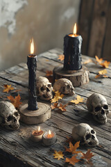 ia generated. Halloween Decorations. Rustic wooden table with burning black candles, skull ornaments, and autumn leaves, photorealistic
