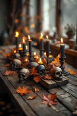 ia generated. Halloween Decorations. Rustic wooden table with burning black candles, skull ornaments, and autumn leaves, photorealistic
