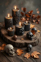 ia generated. Halloween Decorations. Rustic wooden table with burning black candles, skull ornaments, and autumn leaves, photorealistic
