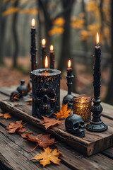 ia generated. Halloween Decorations. Rustic wooden table with burning black candles, skull ornaments, and autumn leaves, photorealistic
