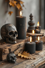 ia generated. Halloween Decorations. Rustic wooden table with burning black candles, skull ornaments, and autumn leaves, photorealistic
