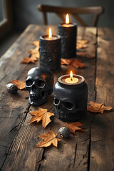 ia generated. Halloween Decorations. Rustic wooden table with burning black candles, skull ornaments, and autumn leaves, photorealistic
