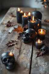 ia generated. Halloween Decorations. Rustic wooden table with burning black candles, skull ornaments, and autumn leaves, photorealistic
