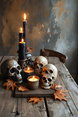 ia generated. Halloween Decorations. Rustic wooden table with burning black candles, skull ornaments, and autumn leaves, photorealistic
