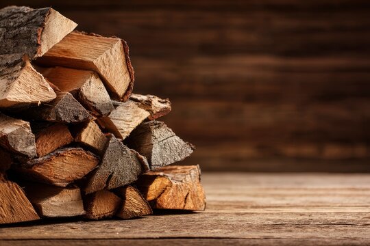 Stacked firewood with rough texture on a wooden surface in front of a dark blurry woodpaneled wall - Powered by Adobe