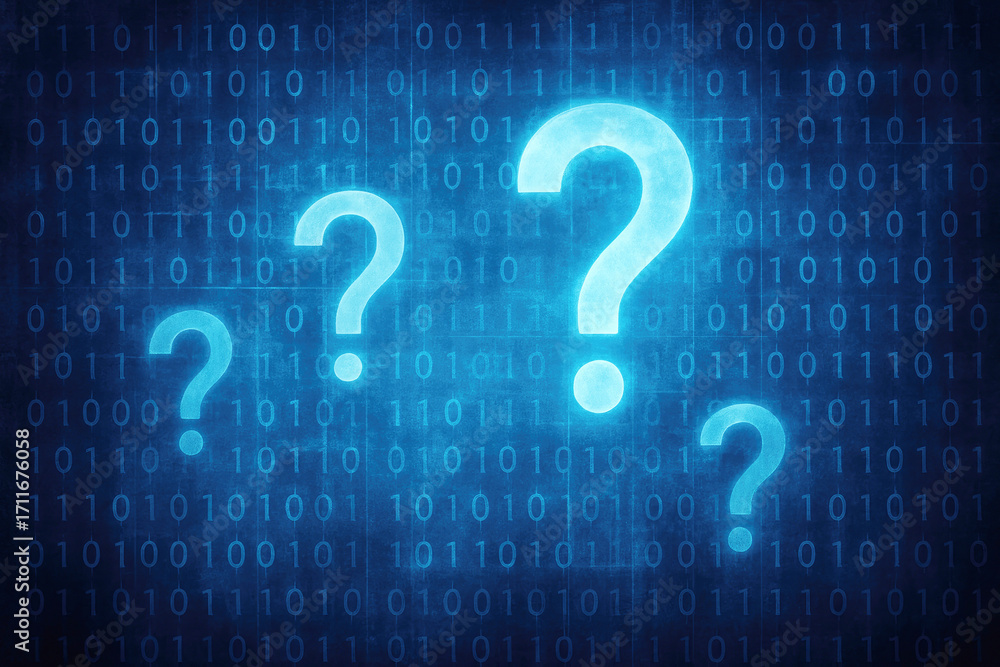 Poster four glowing blue question marks of varying sizes against a dark binary code background symbol digit