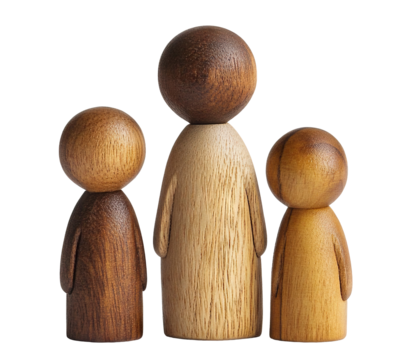 Three wooden family figurines representing parents and child, isolated on transparent cutout background - Powered by Adobe
