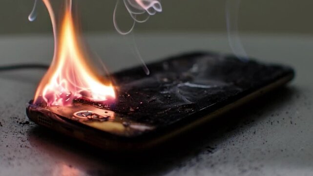 Smartphone on fire burning with flames, damaged mobile phone overheating battery explosion, dangerous lithium ion risk, electronic gadget catching fire accident, technology hazard destruction, video f