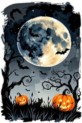 halloween poster featuring watercolor brushstroke moon and floating jack o' lanterns, top area reserved for promotional text.