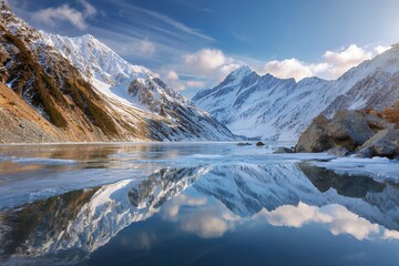 Majestic snow-covered mountains reflecting on tranquil icy lake in winter